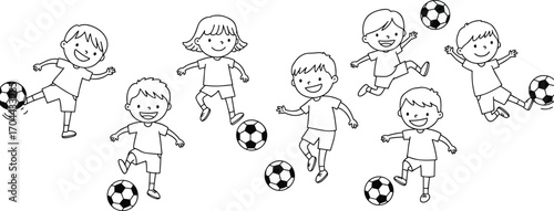 Happy children playing soccer, kids kicking football, group of boys and girls enjoying outdoor sports activity, fun teamwork game illustration