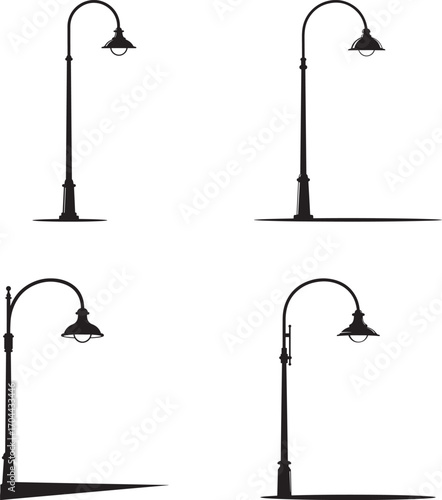Four distinct vintage street lamp silhouettes with shadows on white background silhouette