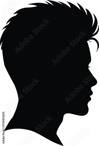 Male silhouette profile illustration, black head side view, young man hairstyle vector, human face shadow design, portrait graphic art outline