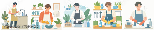 vector of a young man washing dishes