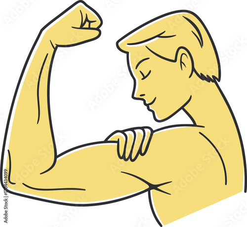 Strong man flexing biceps muscular arm showing strength and power physique athleticism