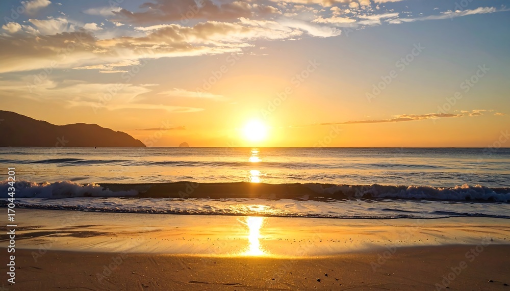 Fototapeta premium Golden sunrise over tranquil beach
