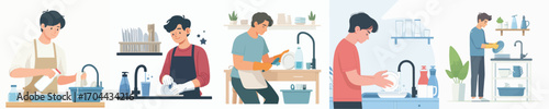 vector of a young man washing dishes