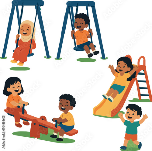 Cheerful multicultural children playing together in a public playground