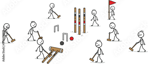 Stick figure croquet game, outdoor sports illustration, playful character scene, group activity, mallet, wickets, fun recreation, cartoon style, teamwork