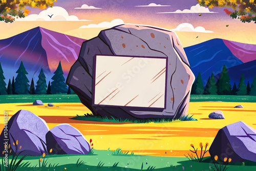 Massive boulder on green meadow, flat surface natural stone banner ideal for text or logo design