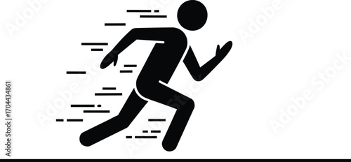 Stylized running figure, black and white motion graphic, speed concept, athletic silhouette, fitness icon, dynamic movement, sport illustration, energy design