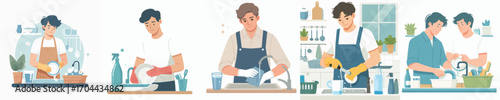 vector of a young man washing dishes