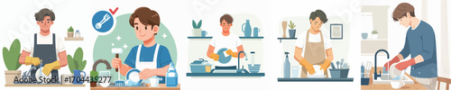 vector of a young man washing dishes
