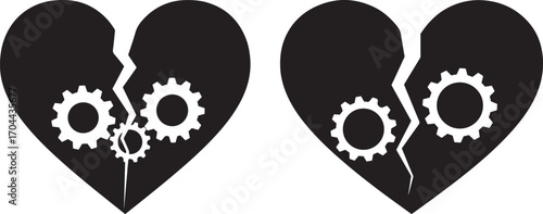 Two broken heart silhouettes with gears inside symbolizing mechanical love silhouette