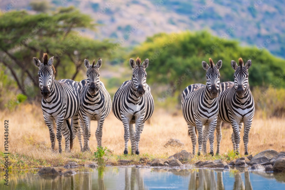 Fototapeta premium Zebras gathered near a waterhole, displaying their unique stripes and interacting in a peaceful environment, with vibrant greenery enhancing the natural scene