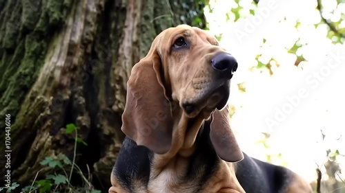 Dog portrait against tree trunk