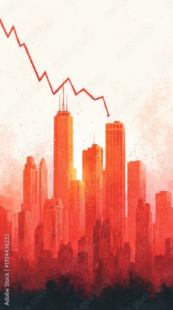 Fototapeta premium Watercolor Infographic Illustrating Seasonal Financial Trends with Declining Chart Over Skyscraper Cityscape