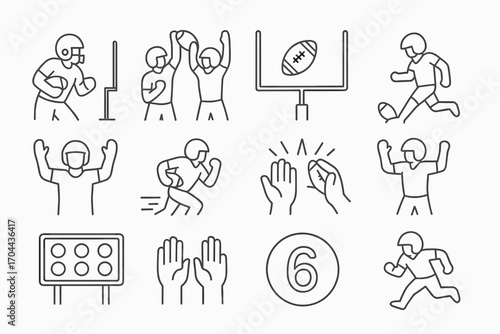 Scoring Event Icons. Line style icons of scoring events: touchdown icon, 2-point conversion, field goal, extra point; safety, pick