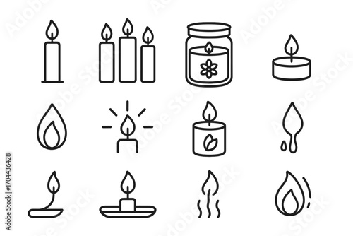 Candle Line Icons. Line style icons of candles and lighting: single candle, triple candles, candle in jar, tealight; flame symbol,
