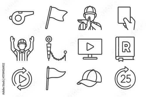 Referee Icons Set. Line style icons of referee and officiating: ref whistle, yellow flag, timeout hand signal, penalty card; down