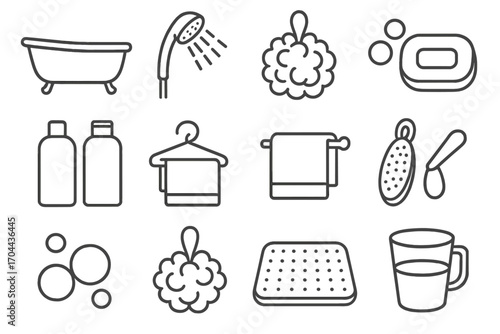Bath Essentials Icons. Line style icons of bathing and washing tools: bathtub, handheld shower, loofah sponge, bar soap; shampoo,