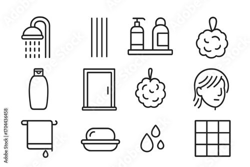 Shower Essentials Icons. Line style icons of shower essentials: showerhead, water stream, shampoo shelf, loofah; conditioner