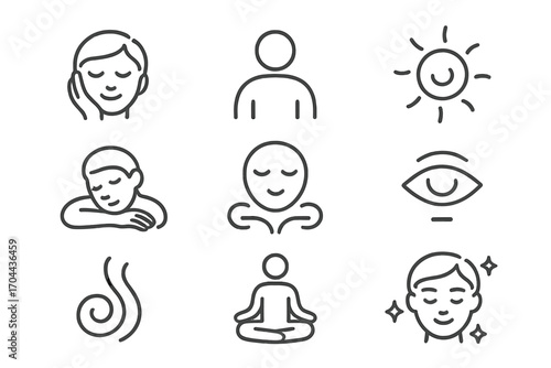 Relaxation Icons. Line style icons of relaxation expressions: peaceful face, closed eyes, soft smile, hand on cheek; relaxed