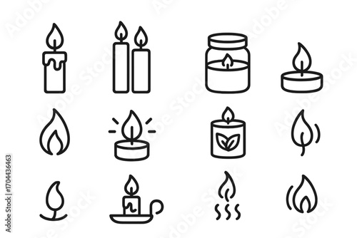 Candle Line Icons. Line style icons of candles and lighting: single candle, triple candles, candle in jar, tealight; flame symbol,