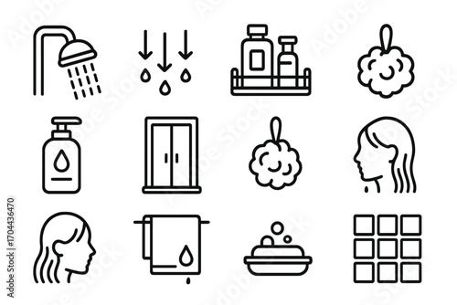 Shower Essentials Icons. Line style icons of shower essentials: showerhead, water stream, shampoo shelf, loofah; conditioner
