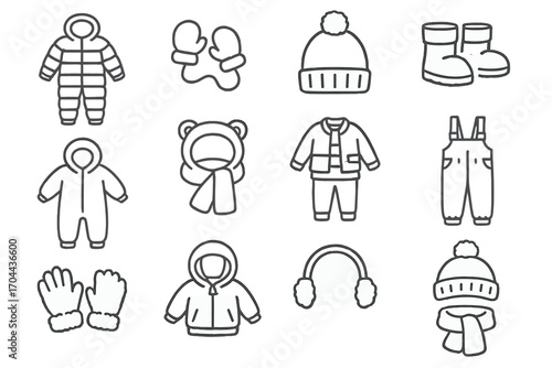 Children's Winter Wear Icons. Line style icons of children’s winter wear: padded snowsuit, mini mittens, pom hat, snow boots;