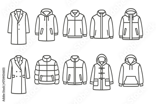 Outerwear Icons Collection. Line style icons of outerwear types: long overcoat, parka with hood, windbreaker, ski jacket;