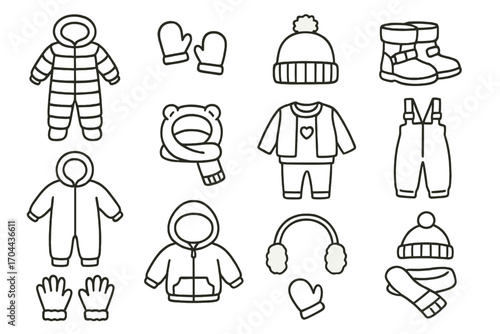 Children's Winter Wear Icons. Line style icons of children’s winter wear: padded snowsuit, mini mittens, pom hat, snow boots;