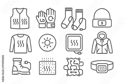 Thermal Gear Icons. Line style icons of thermal gear and enhancements: heated vest, rechargeable gloves, electric socks, battery