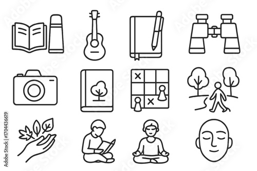 Fall Picnic Icons. Line style icons of fall picnic leisure: book with thermos, acoustic guitar, journal and pen, binoculars;