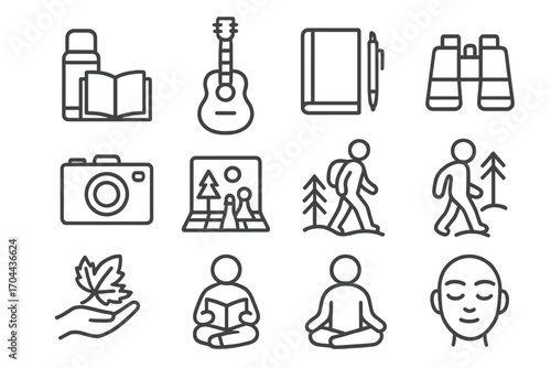 Fall Picnic Icons. Line style icons of fall picnic leisure: book with thermos, acoustic guitar, journal and pen, binoculars;