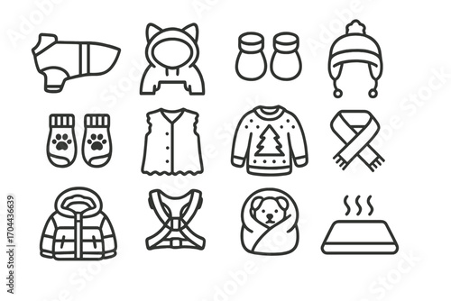 Pet Winter Apparel Icons. Line style icons of pet winter apparel: dog coat, cat hoodie, pet booties, ear flap hat; paw socks,