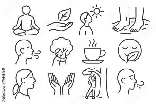 Mindful Outdoors Icons. Line style icons of outdoor balance and mindfulness: sitting figure, leaf in hand, gaze at sky, feet on