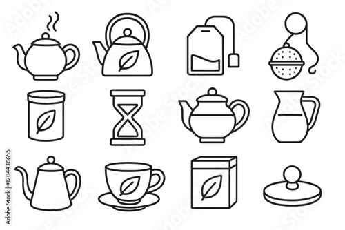 Teapot Brewing Icons. Line style icons of teapot and brewing tools: teapot with steam, kettle with leaf, tea bag, infuser ball;