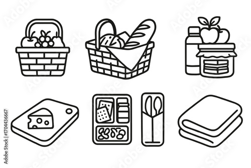 Picnic Essentials Icons. Line style icons of basket and bag contents: fruit inside basket, bread loaf peeking, napkin-lined, pie