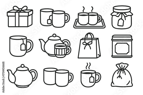 Tea Gift Icons. Line style icons of tea gifting and sharing: tea box with bow, mug duo, shared tray, wrapped jar; tag on handle,