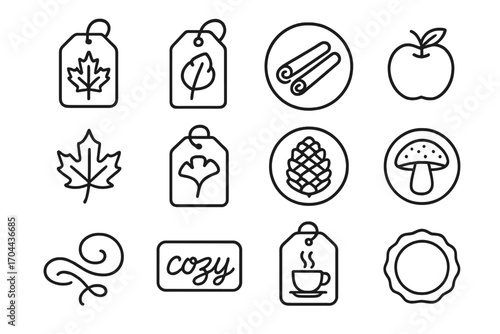Fall Tea Icons. Line style icons of fall-themed tea tags and labels: maple label, leaf tag, cinnamon sticker, apple motif; fall