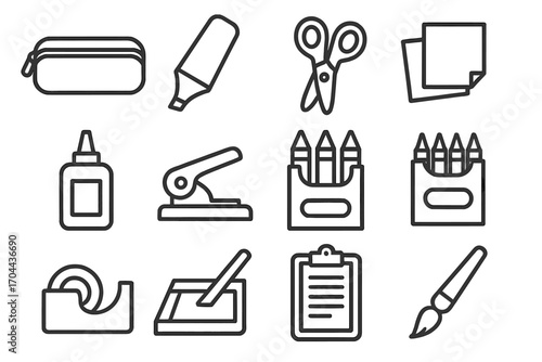 Line Art_ School Supplies. Line style icons of school supplies: pencil case, highlighter, scissors, sticky notes; glue bottle,