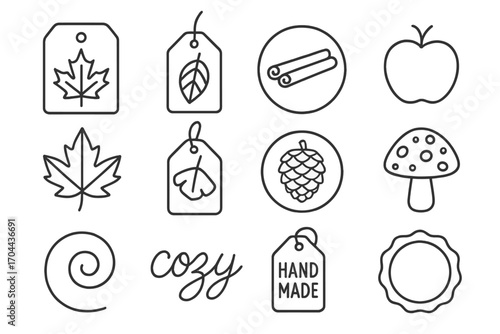 Fall Tea Icons. Line style icons of fall-themed tea tags and labels: maple label, leaf tag, cinnamon sticker, apple motif; fall