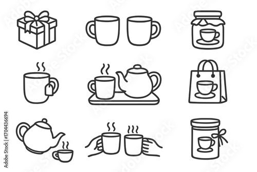 Tea Gift Icons. Line style icons of tea gifting and sharing: tea box with bow, mug duo, shared tray, wrapped jar; tag on handle,