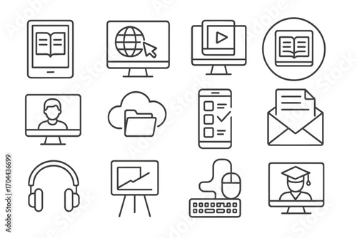 Digital Learning Icons. Line style icons of digital learning: tablet with book, online course icon, video lecture, e-learning