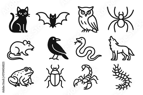 Spooky Animal Icons. Line style icons of spooky animals: black cat, bat, owl, spider; rat, crow, snake, wolf; toad, beetle,