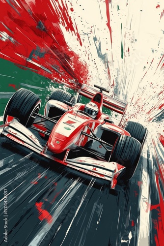 Dynamic illustration of formula 1 car in high-speed motion on track