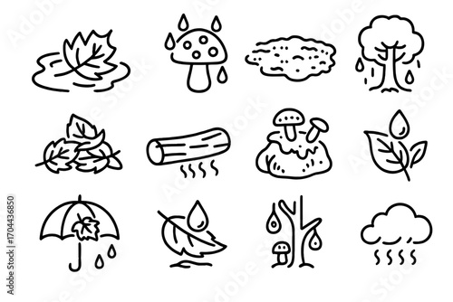 Autumn Rain Elements. Line style icons of wet autumn elements: leaf in puddle, mushroom with raindrops, muddy ground, wet leaf