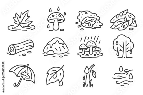 Autumn Rain Elements. Line style icons of wet autumn elements: leaf in puddle, mushroom with raindrops, muddy ground, wet leaf