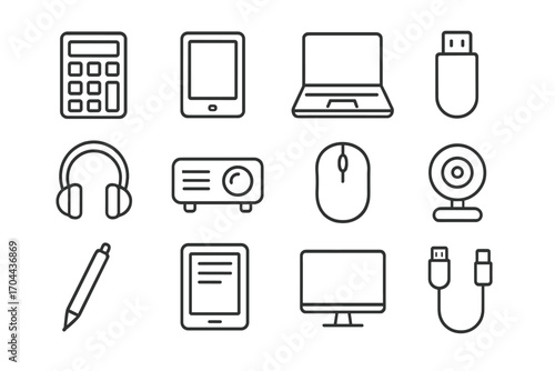 Classroom Tech Icons. Line style icons of classroom tech tools: calculator, tablet, laptop, USB drive; headphones, projector,