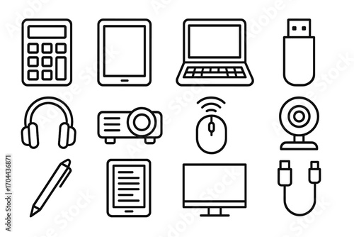 Classroom Tech Icons. Line style icons of classroom tech tools: calculator, tablet, laptop, USB drive; headphones, projector,