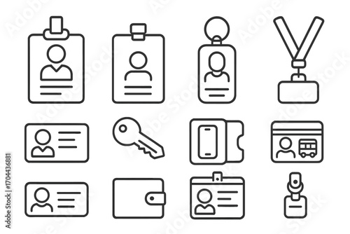 School Essentials Icons. Line style icons of school ID and personal items: school ID badge, name tag, keychain, lanyard; student