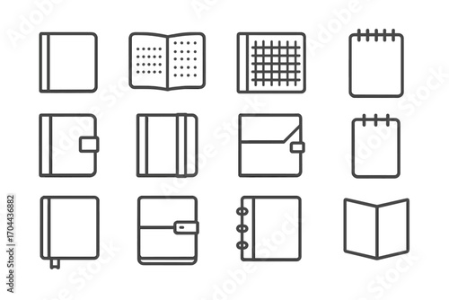Notebook Line Icons. Line style icons of notebooks and journals: hard cover journal, bullet journal, grid notebook, spiral notepad
