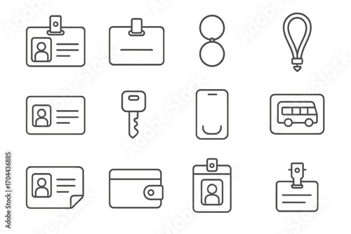 School Essentials Icons. Line style icons of school ID and personal items: school ID badge, name tag, keychain, lanyard; student